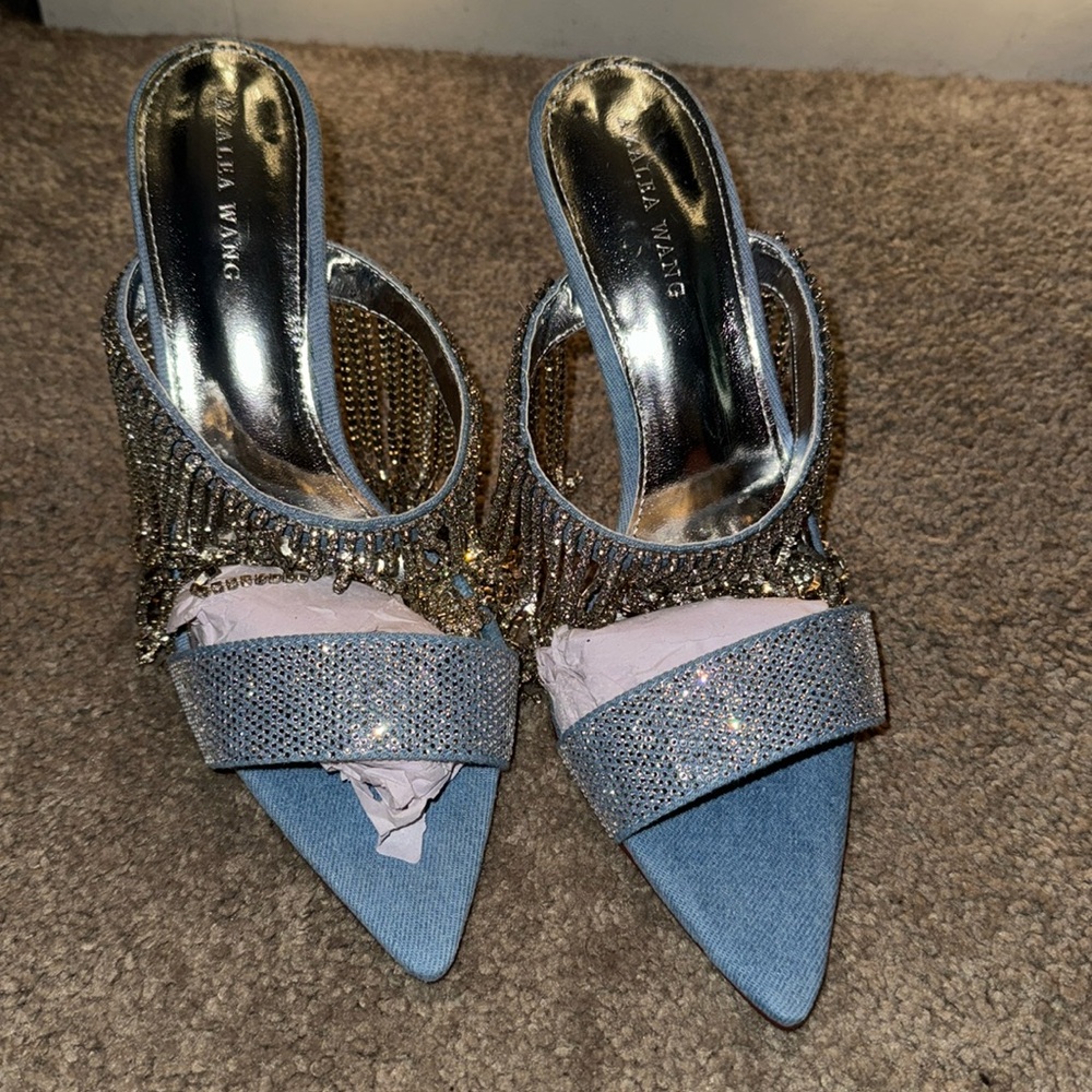 DENIM FRINGE RHINESTONE MULE STILETTO